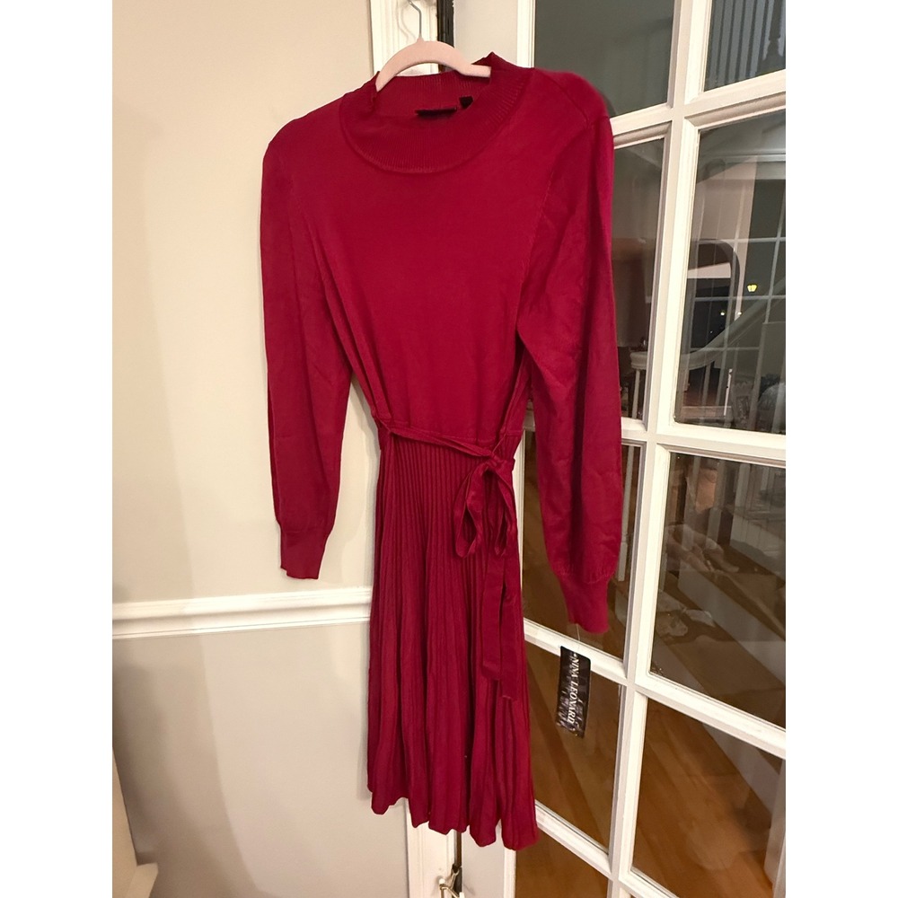 Nina Leonard Womens Red Pleated Mock Neck Sweater Dress Long Sleeve Size L NWT